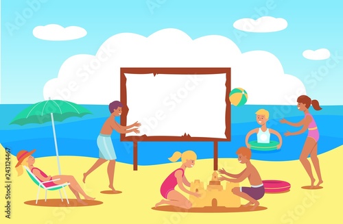 Vector teen kids having fun at beach swimming in sea with inflatable rings, building sand castles, adult woman man playing volleyball, woman lying at lounger under sun umbrella. Summer family vacation