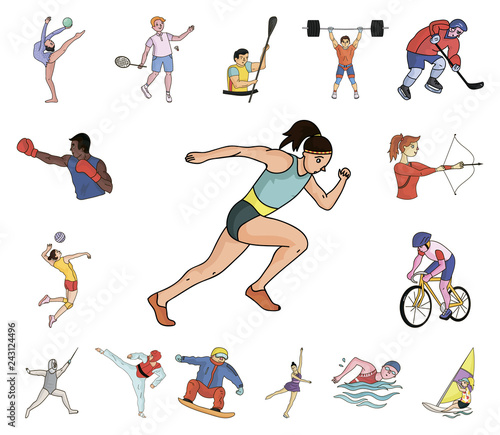Different kinds of sports cartoon icons in set collection for design. Athlete, competitions vector symbol stock web illustration.