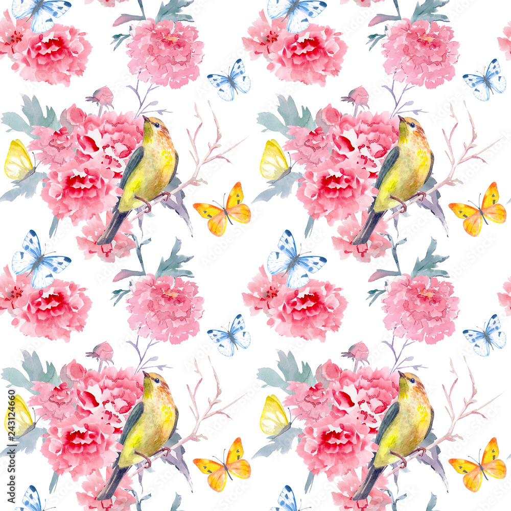 Fototapeta premium graceful seamless texture with flowers and birds. watercolor painting