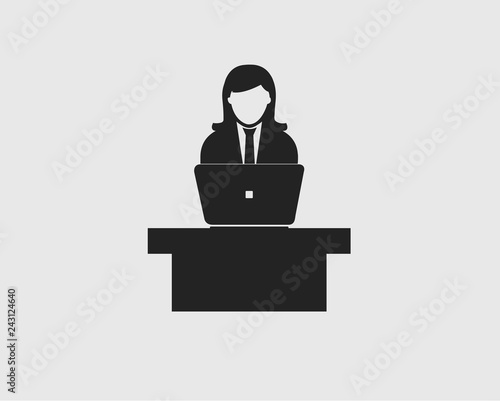 Television News Reader Icon. Female Symbol behind Laptop.