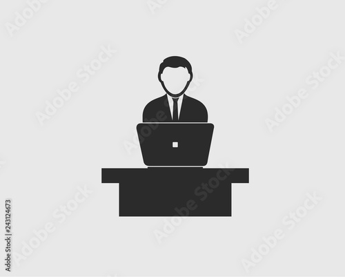 Presentation Icon. Man Symbol with Laptop and desk.