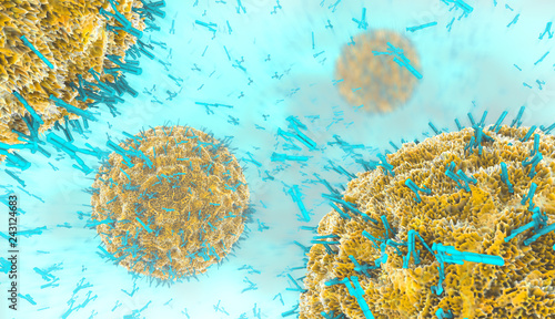 3d illustration of antibodies attacking virus cell into the bloodstream