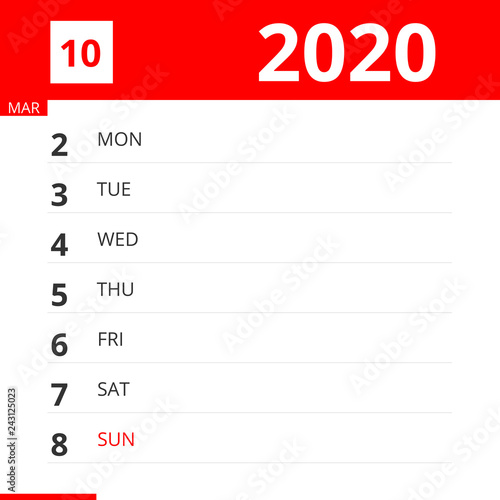 Calendar planner for Week 10 in 2020, ends March 8, 2020 .