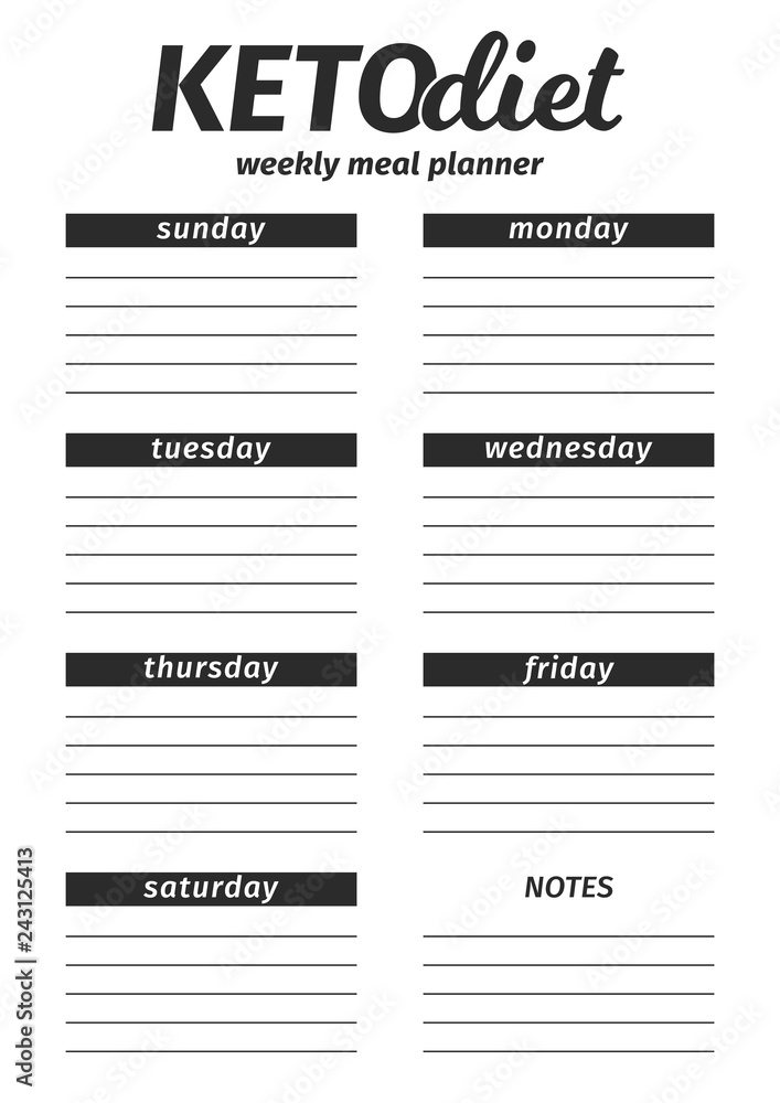 Template for the creation of the food menu The Ketogenic Diet. Vector illustration. Seven-day vertical meal plan. black and white illustration Template for the creation of the food menu The Ketogenic Diet. Vector illustration. Seven-day vertical meal plan. black and white illustration