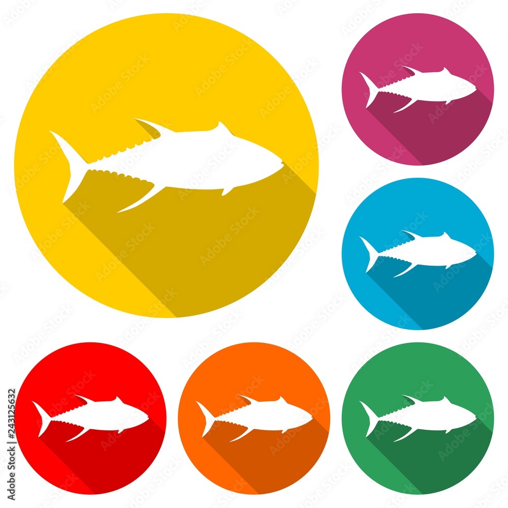 Fish simple flat icon or logo, color set with long shadow