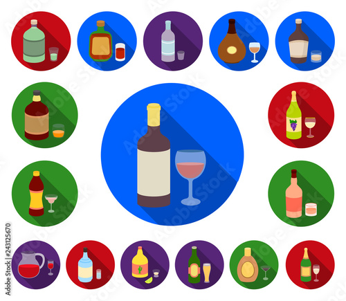 Types of alcohol flat icons in set collection for design. Alcohol in bottles vector symbol stock web illustration.