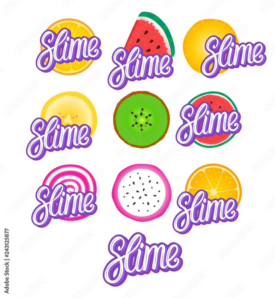 Slime lettering inscription. Set vector fruit cartoons. Concept Charms isolated on white