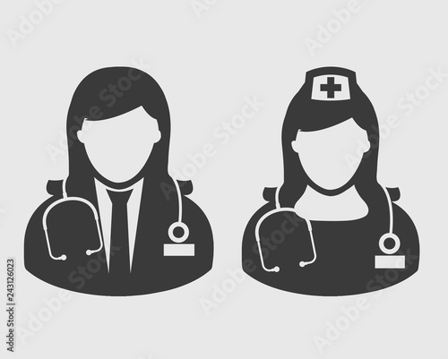 Female Doctor and Nurse Icon on gray Background 