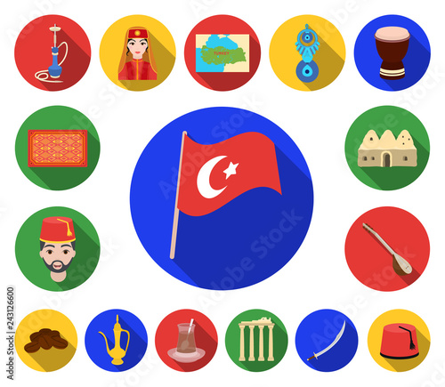 Turkey country flat icons in set collection for design.Travel and attractions vector symbol stock web illustration.