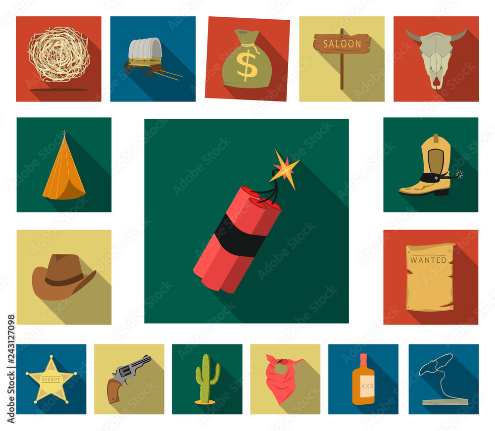 Fototapeta premium Attributes of the wild west flat icons in set collection for design.Texas and America vector symbol stock web illustration.