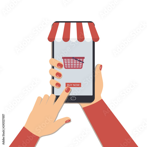 The concept of online shopping using a mobile phone.A nice woman's hand with a manicure holds a smartphone, and the other one presses `Buy now`.Shopping cart on the screen, striped awning.Vector