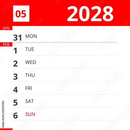 Calendar planner for Week 05 in 2028, ends February 6, 2028 .