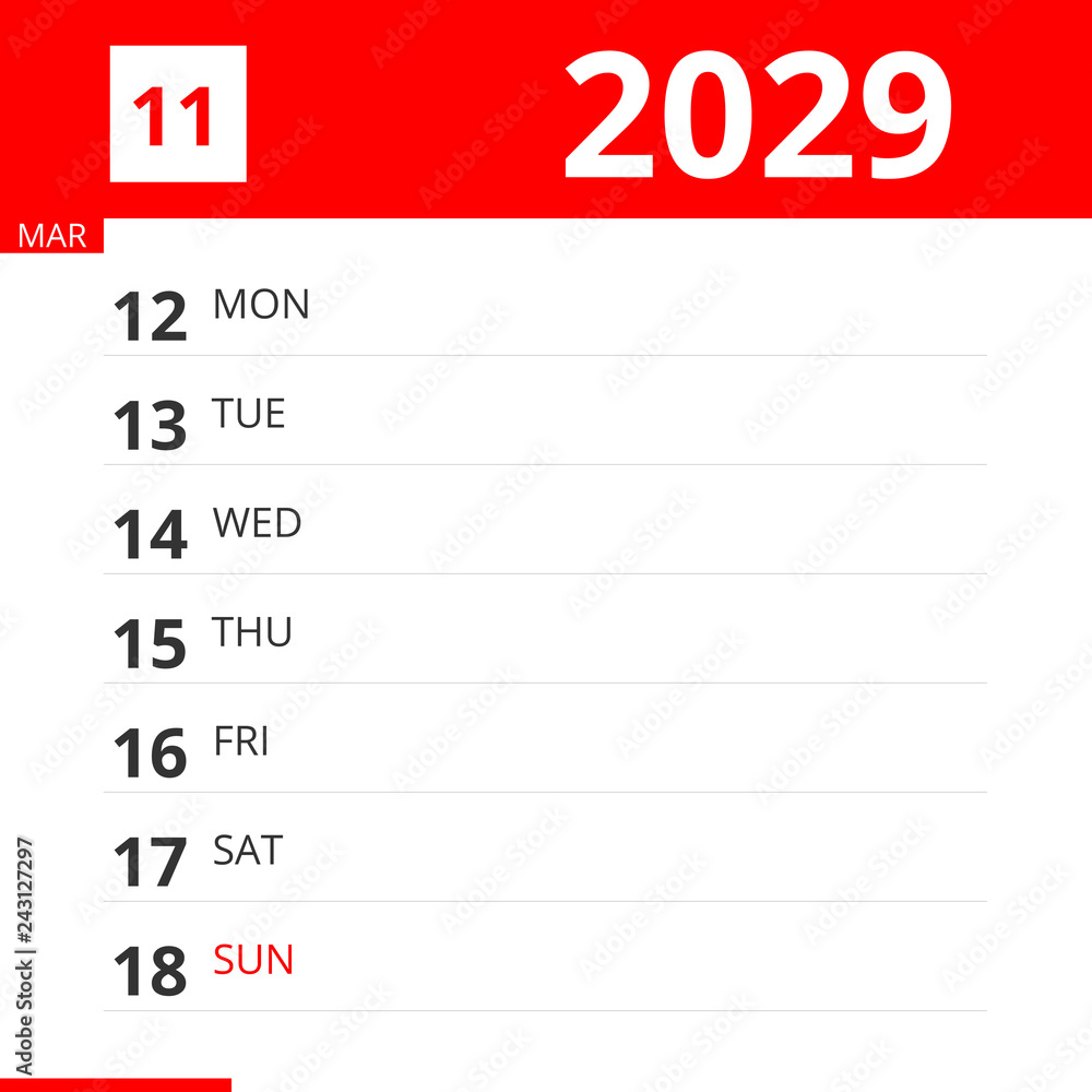 Calendar planner for Week 11 in 2029, ends March 18, 2029 . Calendar planner for Week 11 in 2029, ends March 18, 2029 .
