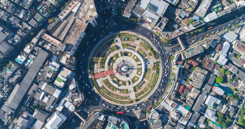 Aerial view circular intersceation transport road with city building