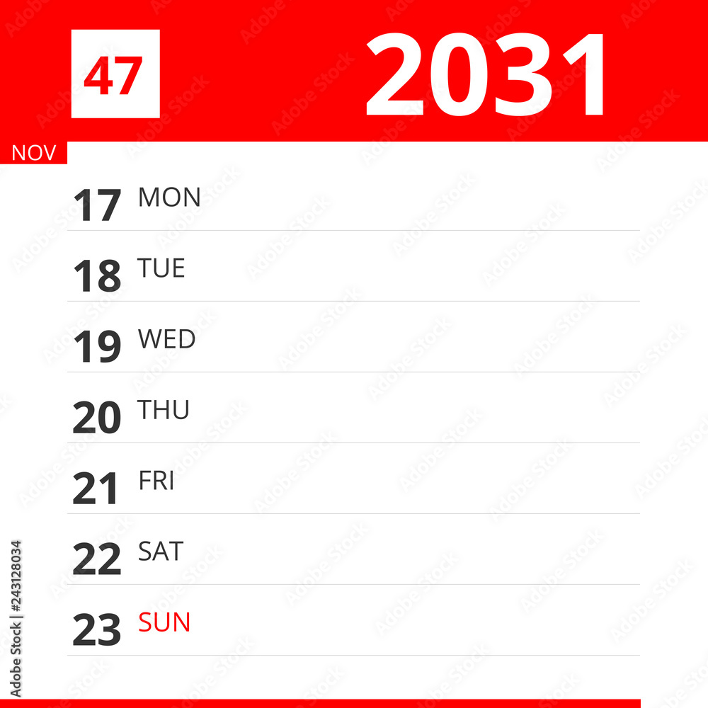 Calendar planner for Week 47 in 2031, ends November 23, 2031 . Calendar planner for Week 47 in 2031, ends November 23, 2031 .