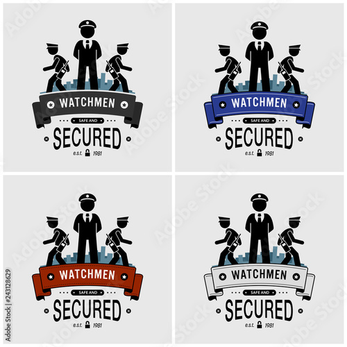 Security guards logo design. Vector artwork of watchman, security officers, or soldier protecting and patrolling.