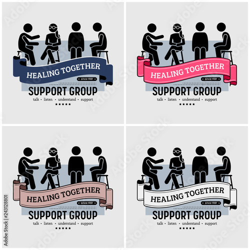 Support group centre logo design. Vector artwork of people sitting together and supporting each other by talking, listening, understanding, and giving advise on their problems.