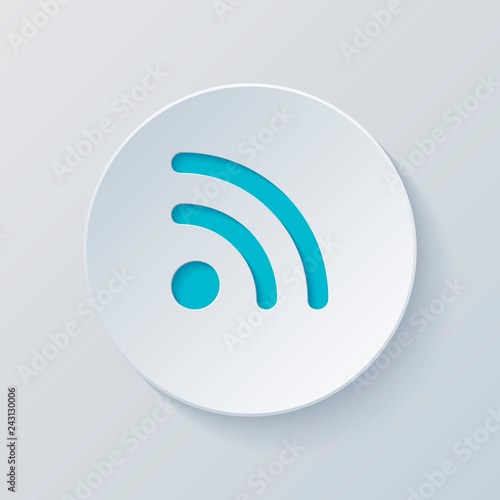 RSS icon. Cut circle with gray and blue layers. Paper style