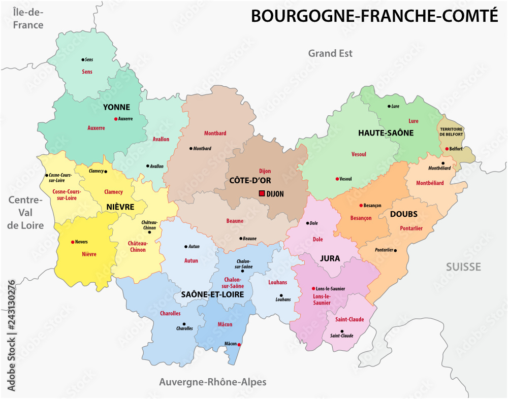administrative map of the new french region Bourgogne-Franche-Comte