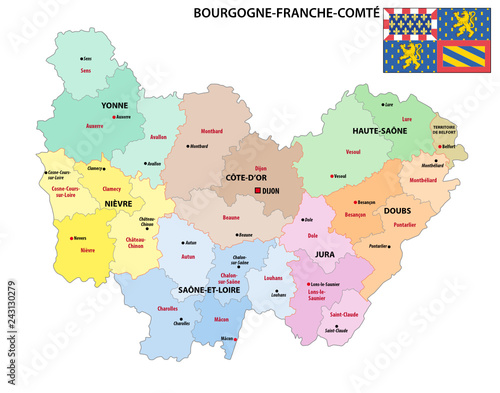 administrative map of the new french region Bourgogne-Franche-Comte with flag photo
