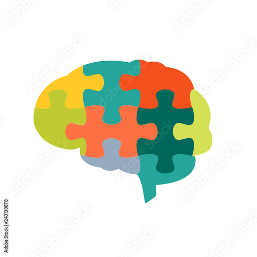Human brain in jigsaw puzzles shape on white background. For cognitive rehabilitation in Alzheimer disease and dementia concept.