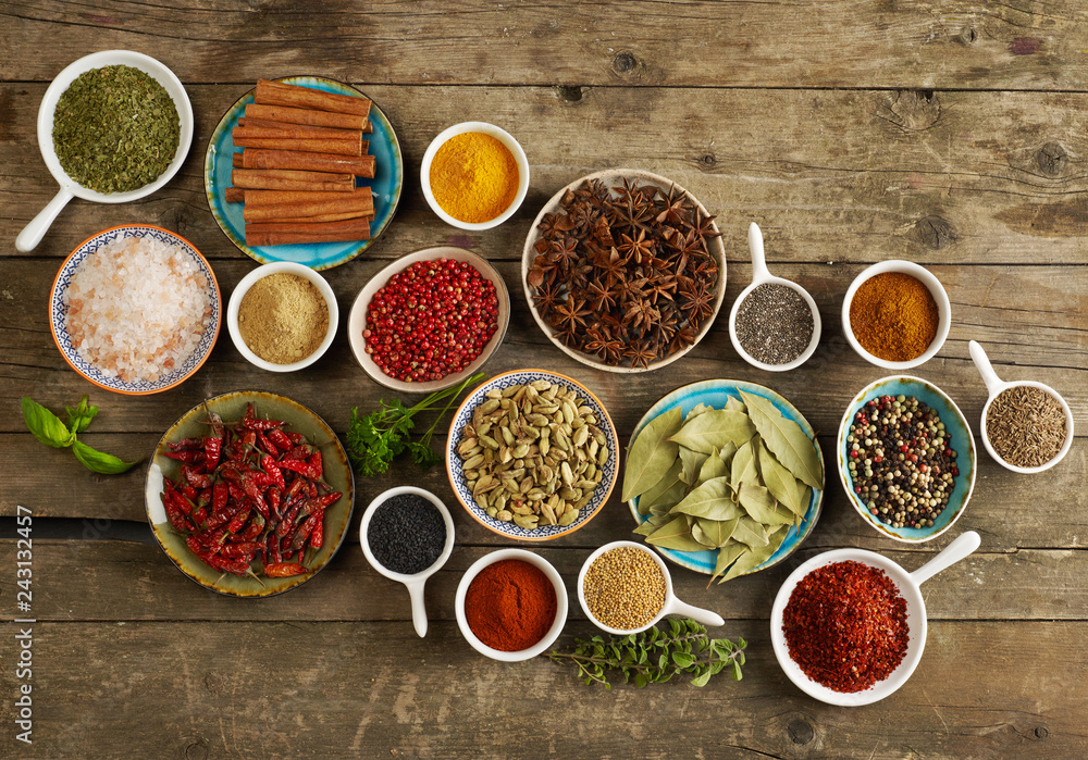 Spices assortment on wood