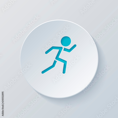 running man. simple icon. Cut circle with gray and blue layers.