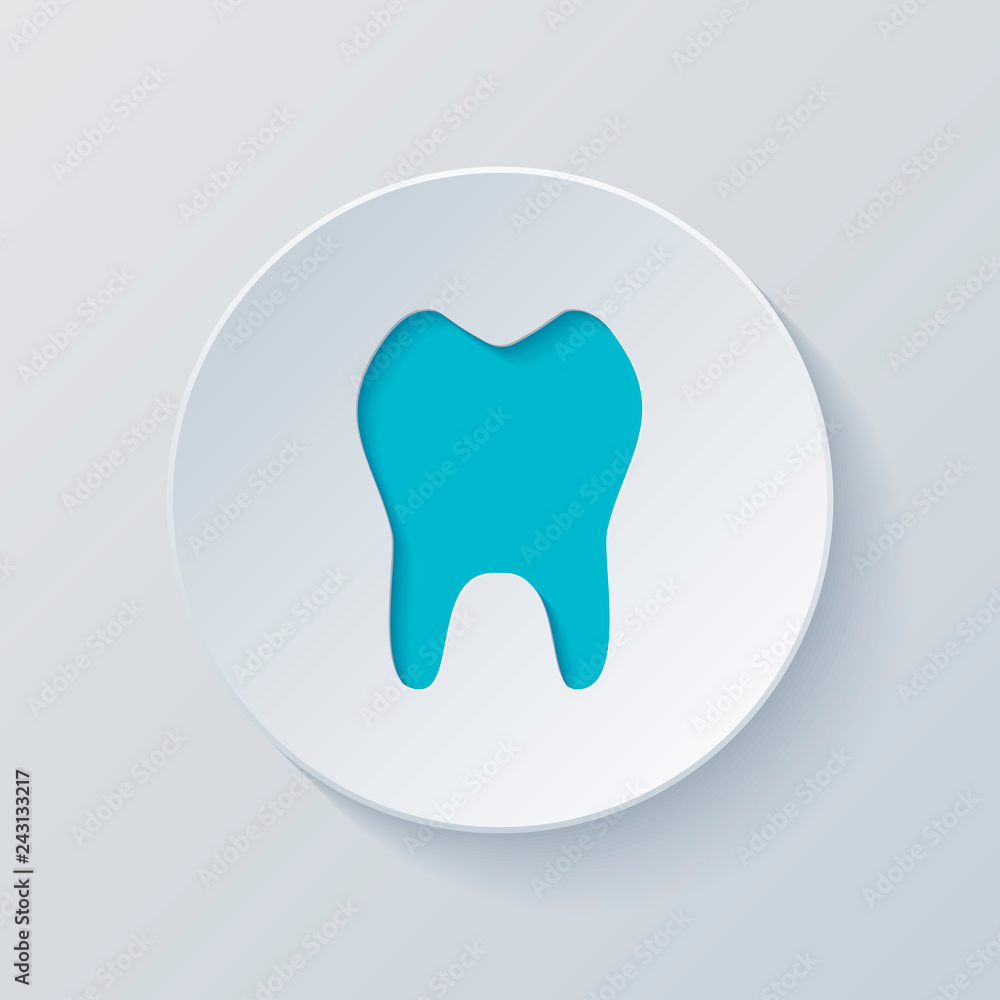 tooth. simple icon. Cut circle with gray and blue layers. Paper