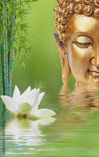 bouddha, fleur de lotus et bambous sur toile