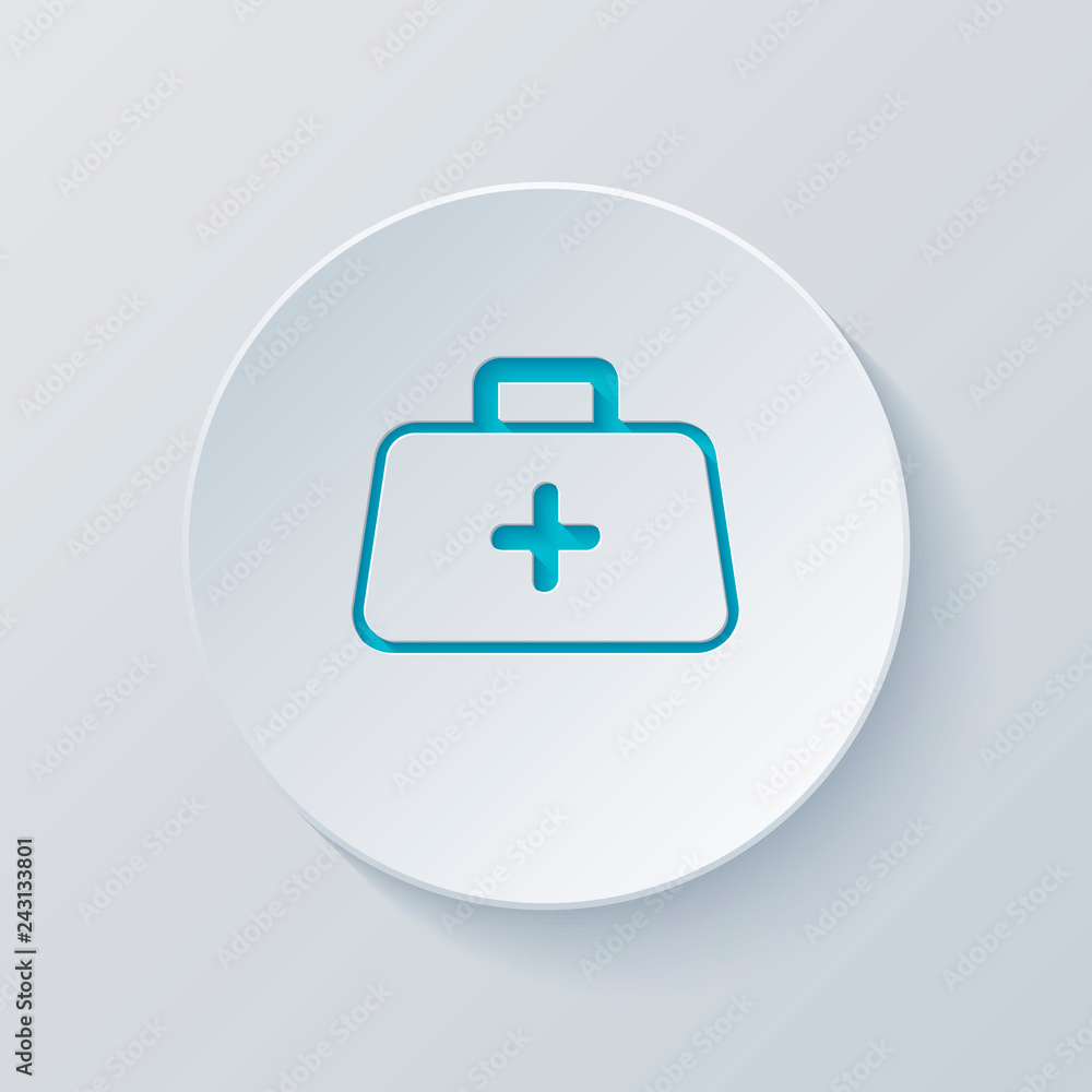 first-aid kit, outline symbol. Cut circle with gray and blue lay first-aid kit, outline symbol. Cut circle with gray and blue lay