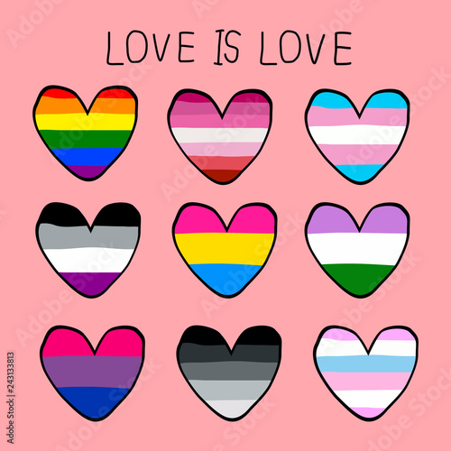 Pride flag color heart shapes with love is love concept illustrate