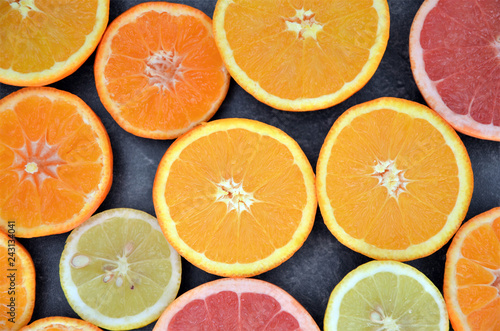 orange lemon fruits slices top view
