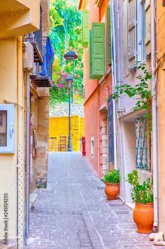 Fototapeta Naklejka Na Ścianę i Meble -  Tranquil and Empty Street of Chania at Summer Time in Crete, Greece
