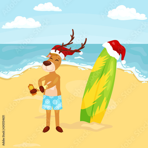 Cartoon reindeer putting on sun block before surfing