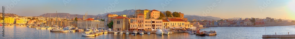 Amazing and Picturesque Old Center of Chania  Cityscape with Ancient Venetian Port At Sunset in Crete, Greece