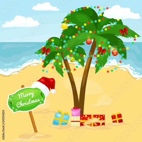 Cartoon sign merry christmas on sunny beach