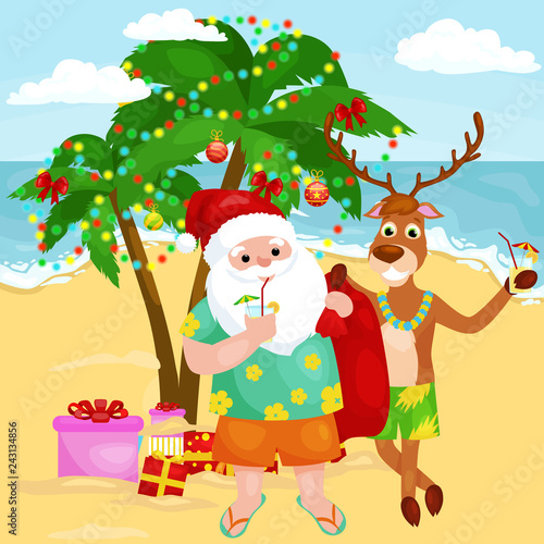 Cheerful cartoon christmas friends together on sunny beach