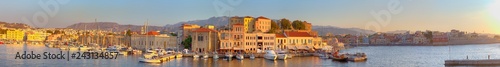 Amazing and Picturesque Old Center of Chania Cityscape with Ancient Venetian Port At Sunset in Crete, Greece