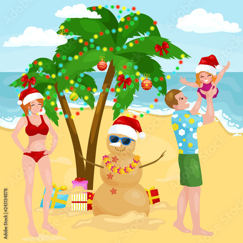 Cartoon happy family on vacation in hot country in new year vacation