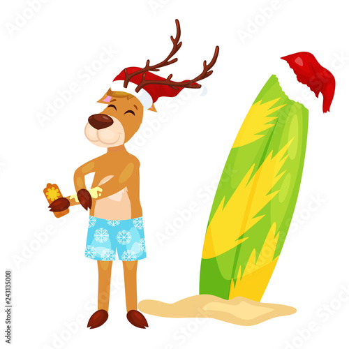 Cartoon christmas deer putting on body sun block