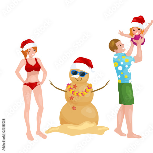 Cartoon family having fun with snowman made of sand