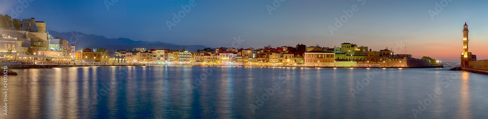 Amazing and Picturesque Old Center of Chania  Cityscape with Ancient Venetian Port and Ligthouse At Blue Hour in Crete