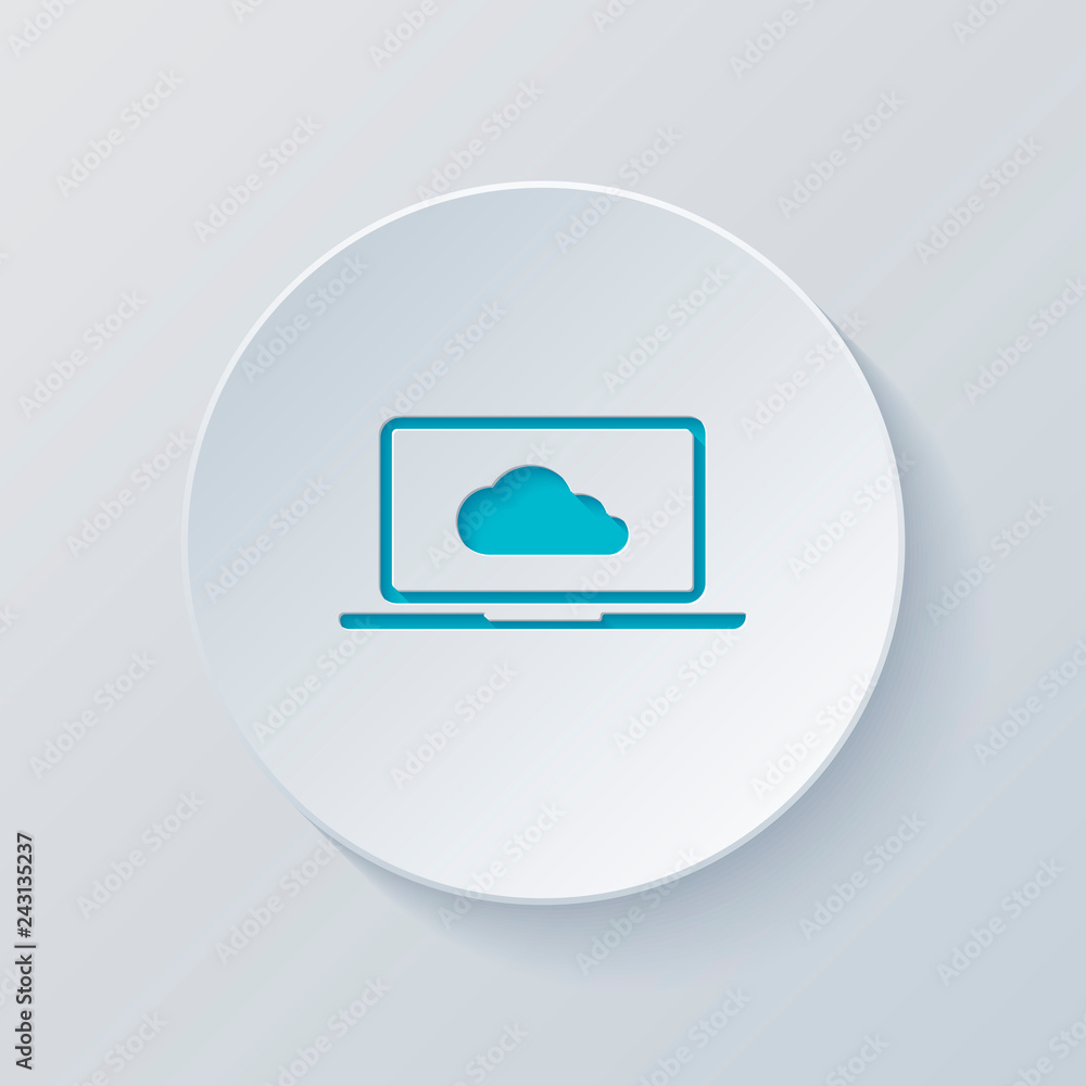 Cloud technology, software. Laptop and cloud. Cut circle with gr