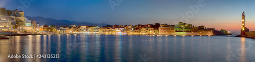Amazing and Picturesque Old Center of Chania Cityscape with Ancient Venetian Port and Ligthouse At Blue Hour in Crete