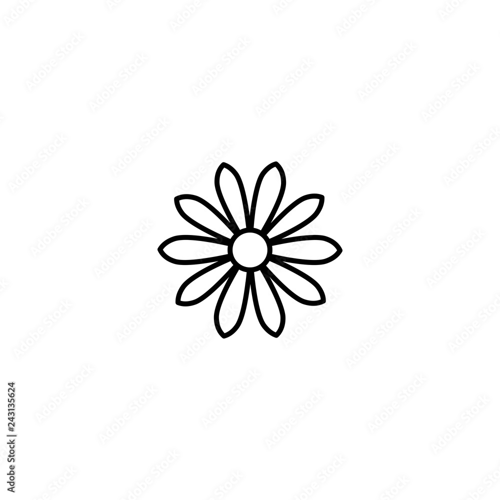 Outline flat icon of daisy flower. Line sign isolated on white. Vector