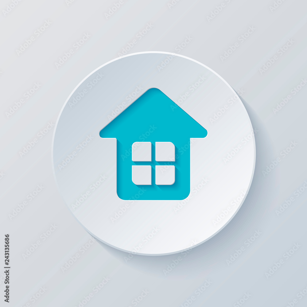 Simple house icon. Cut circle with gray and blue layers. Paper s