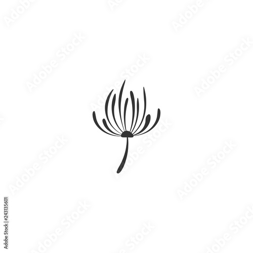 Black flat icon of dandelion flower with curved sprig. Big Bloom with big shabby petals.