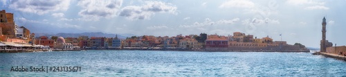Travel Concepts and ideas. Panoramic Image of Chania Old City and Ancient Venetian Port Taken From Lighthouse Pier in Crete, Greece. © danmorgan12