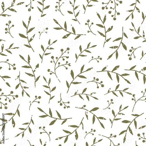 Floral Seamless pattern texture with black berries sprigs and leaves.