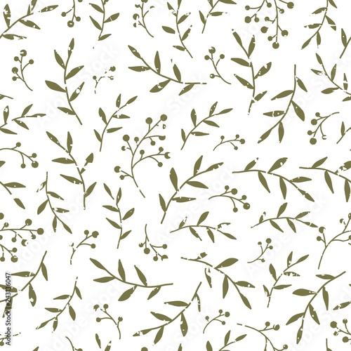 Fototapeta Naklejka Na Ścianę i Meble -  Floral Seamless pattern texture with black berries sprigs and leaves.